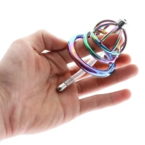 BDSM Rainbow Stainless Steel Cock Cage with Urethral Catheter Erotic Chastity Device lockin Penis Cock Ring 1