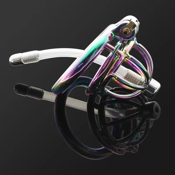 BDSM Rainbow Stainless Steel Cock Cage with Urethral Catheter Erotic Chastity Device lockin Penis Cock Ring 3