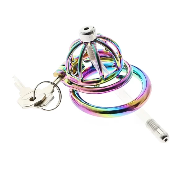 BDSM Rainbow Stainless Steel Cock Cage with Urethral Catheter Erotic Chastity Device lockin Penis Cock Ring 5